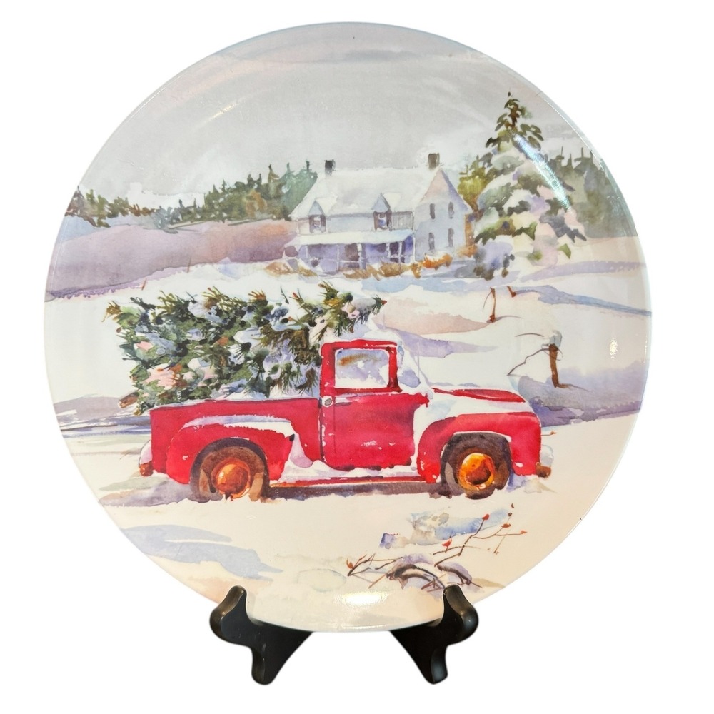 Holiday Time Dinner Plates Red Truck Christmas Tree Melamine 10.5 in